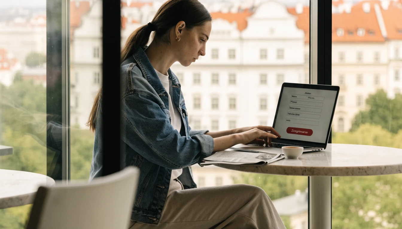 Žena v Praze otevírá registrační formulář na laptopu v kavárně