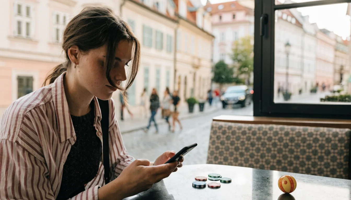 Mladá žena v Praze s mobilním telefonem a žetony kasina