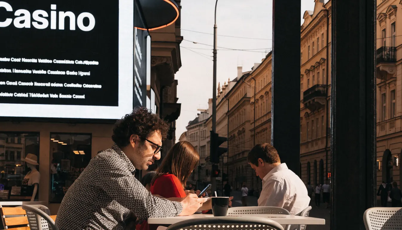 Moderní kavárna v Praze s billboardem „Casino“