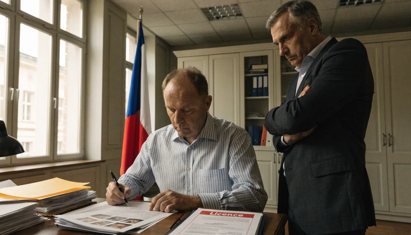 Úřad s českou vlajkou a licencí pro kasino