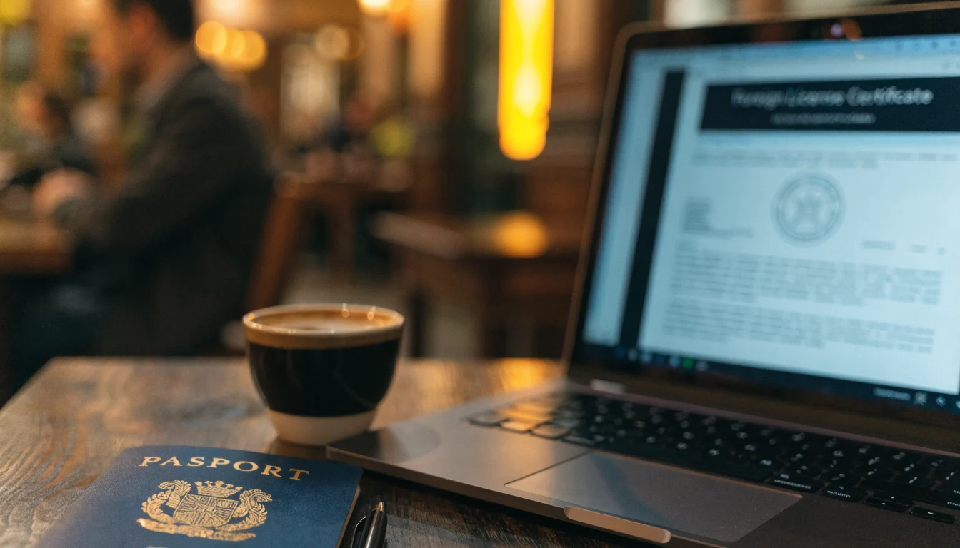 Notebook s rozmazaným zahraničním licencí a českým pasem