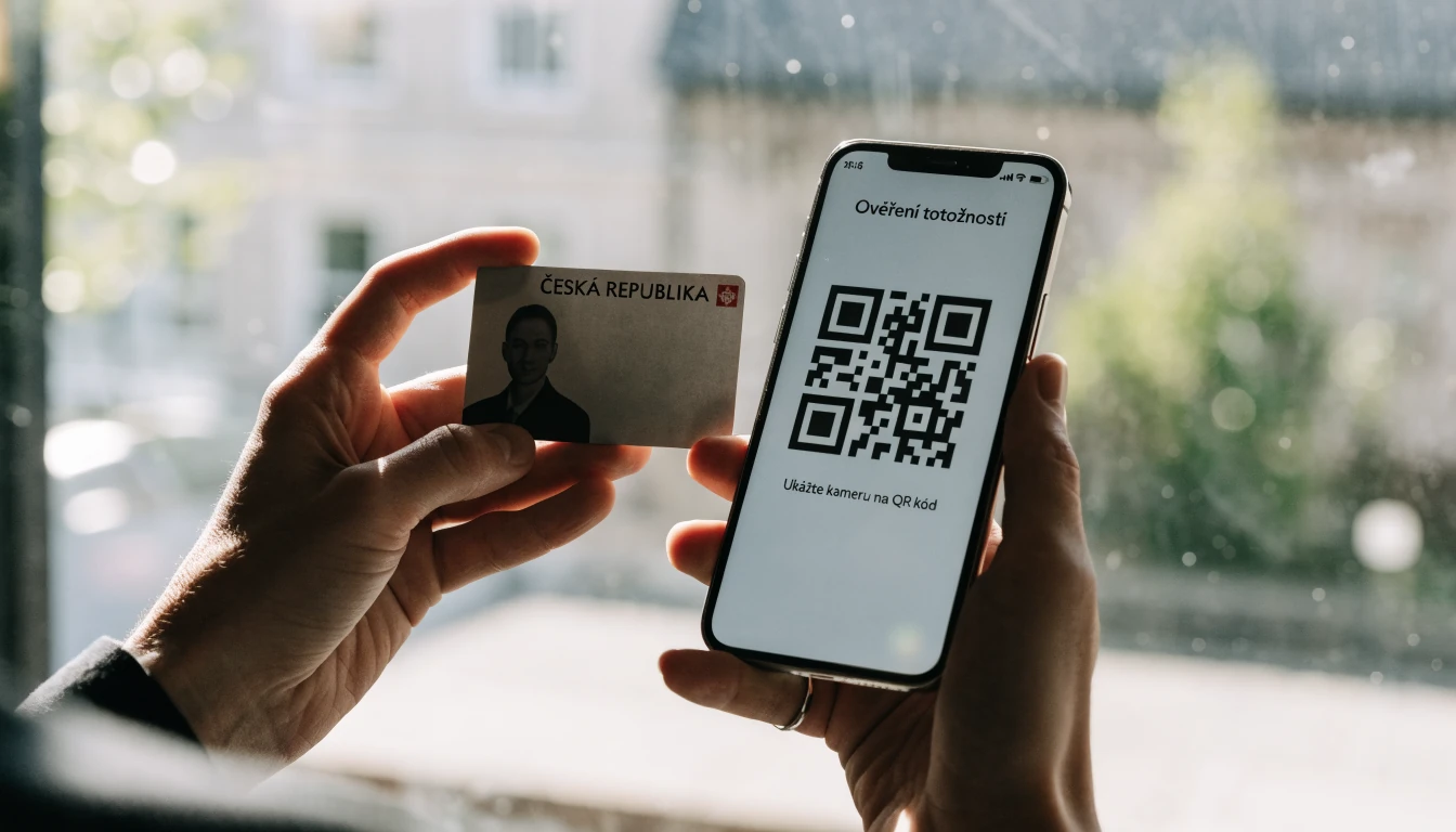 Ruce s českým občanským průkazem a QR kódem na telefonu