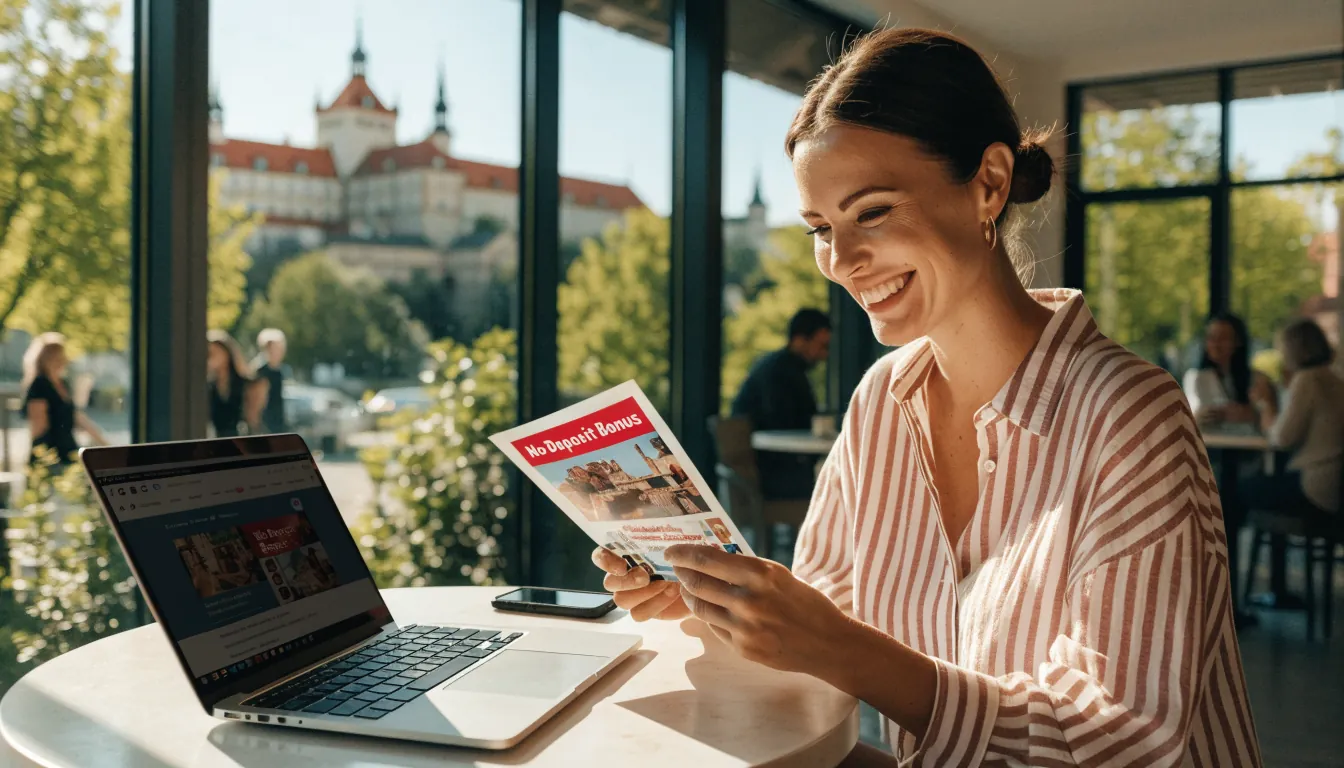 Česká žena s brožurou o bonusu bez vkladu v kavárně