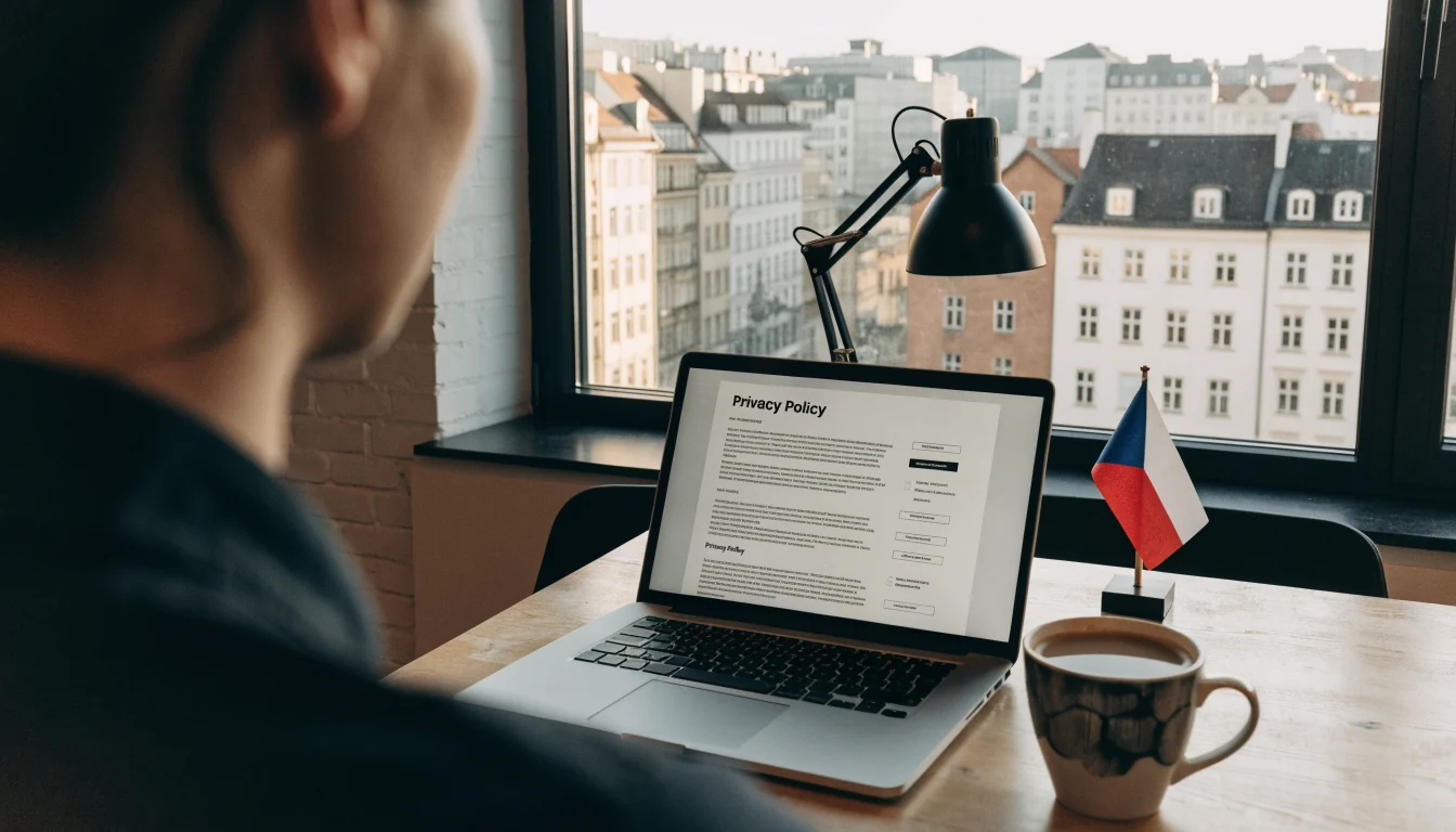 Moderní kancelář v Praze s laptopem a vlajkou ČR