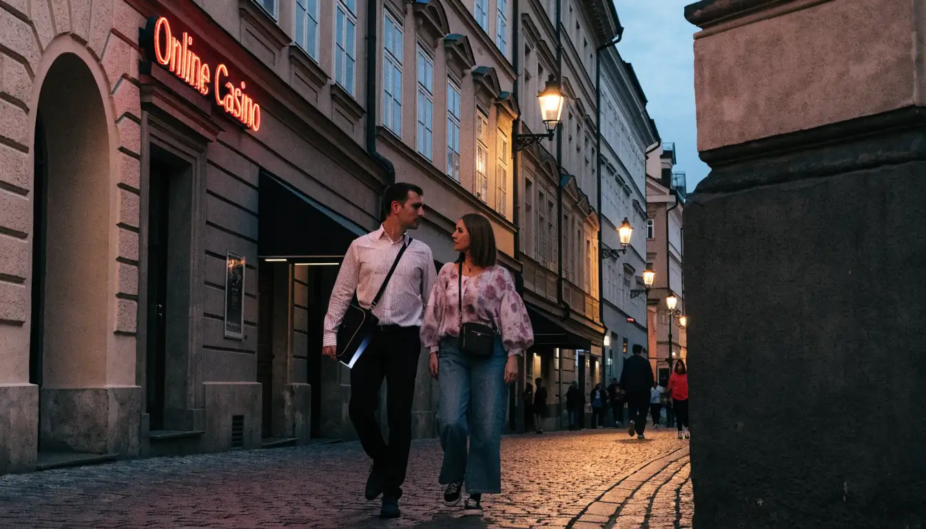 Pár prochází historickou pražskou ulicí s neonovým nápisem online kasino