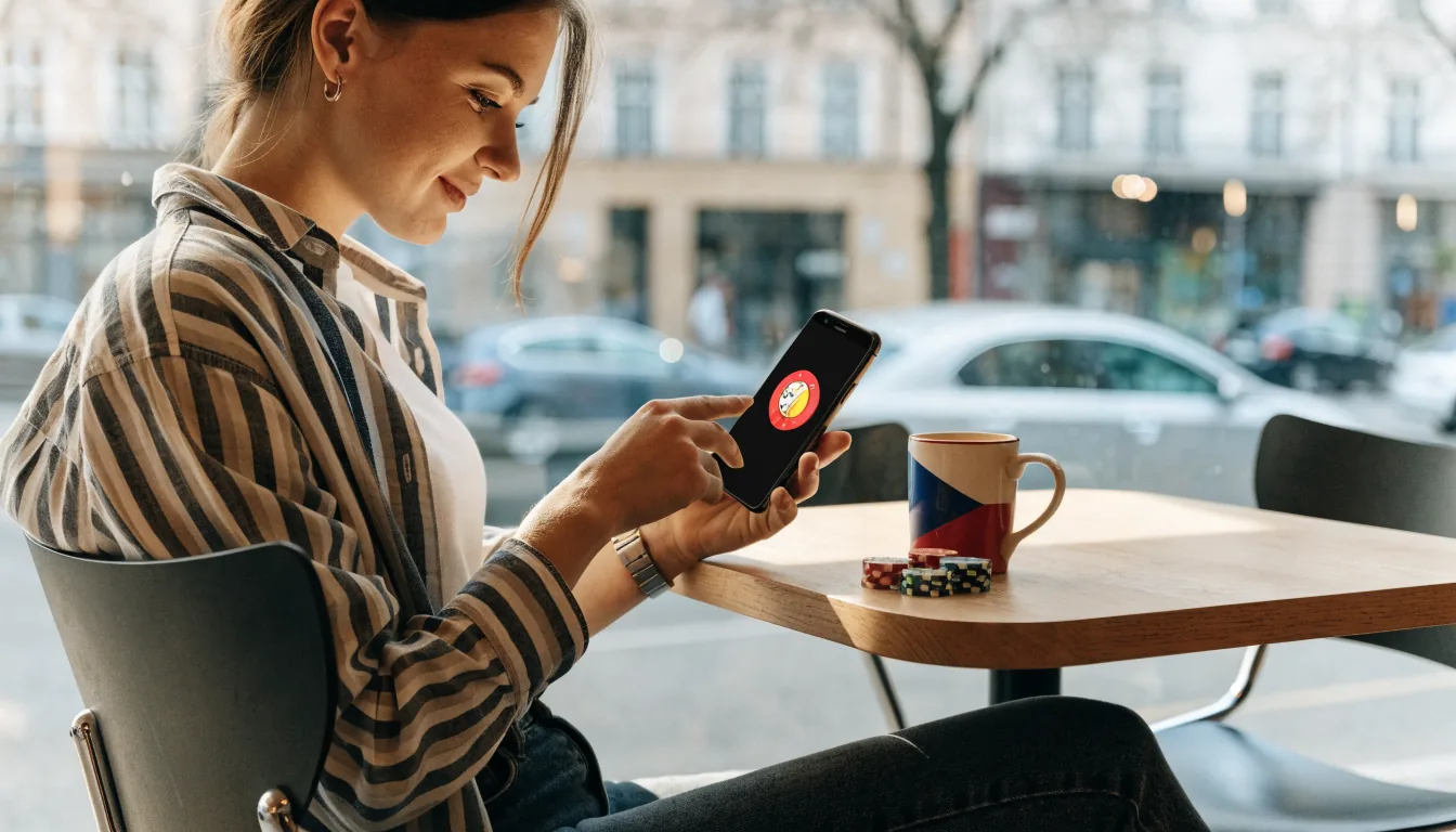 Mladá žena s mobilním telefonem a žetony v pražské kavárně